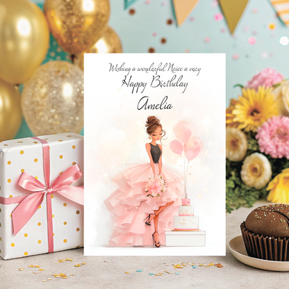 Birthday card with a woman in a pink dress, gift, and flowers on a celebratory background. Personalised with name and relation.