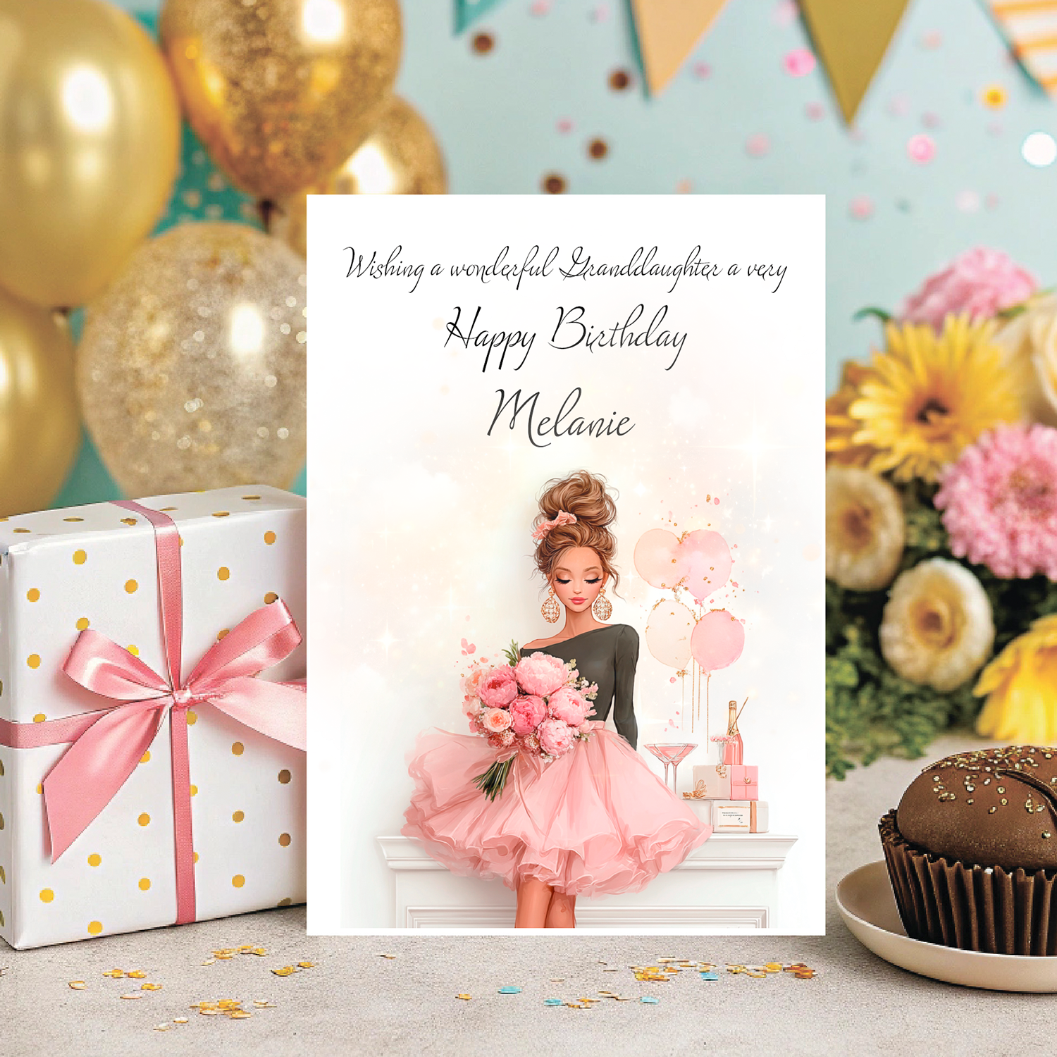 Birthday card with a woman in a pink dress holding flowers, surrounded by balloons, a gift, and a cupcake. Personalised with name and relation.