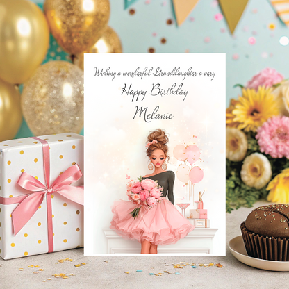 Birthday card with a woman in a pink dress holding flowers, surrounded by balloons, a gift, and a cupcake. Personalised with name and relation.