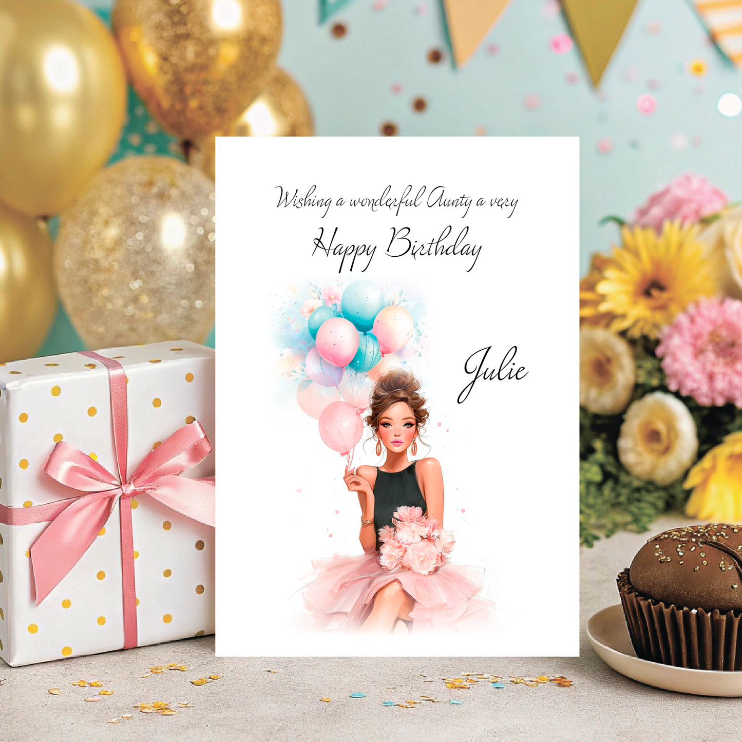 Birthday card with illustration of a girl holding balloons, surrounded by a gift box, flowers, and a cupcake. Personalised with name and relation.