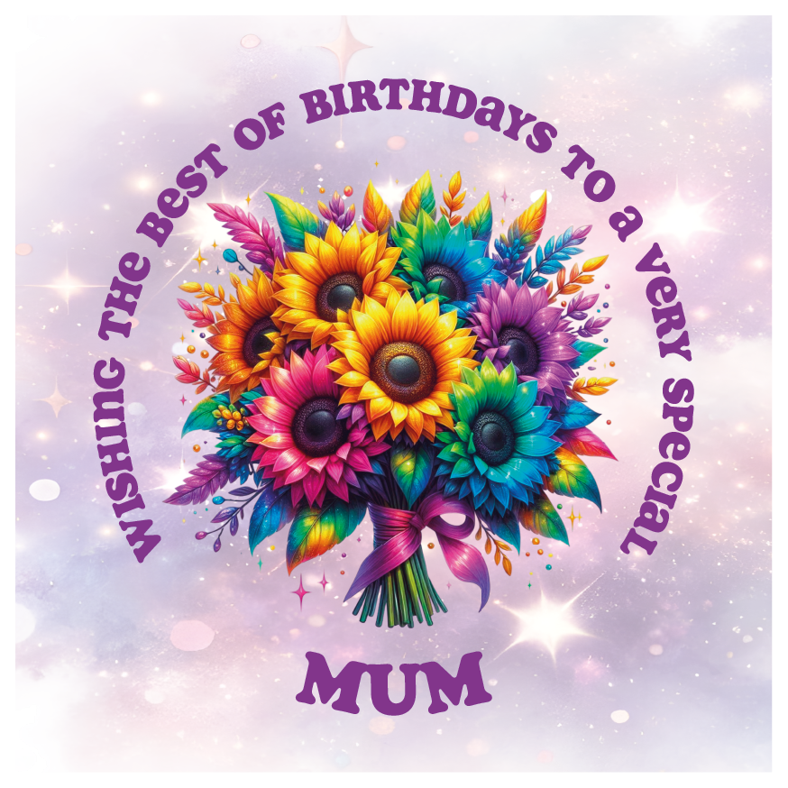Colorful bouquet of flowers with birthday message for a special mum on a light purple background. Personalised for name and relation