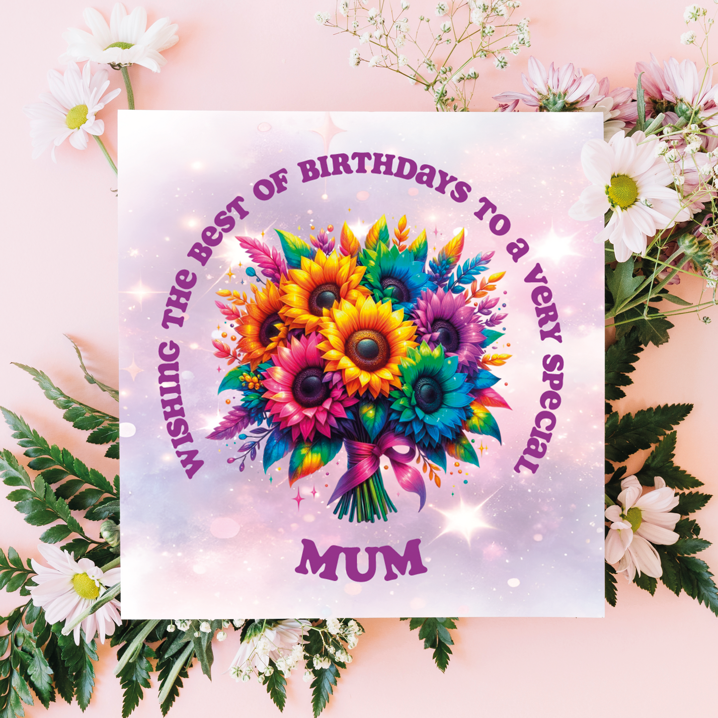 Greeting card with colorful flowers and birthday message for a mum, surrounded by flowers on a pink background. Personalised for name and relation