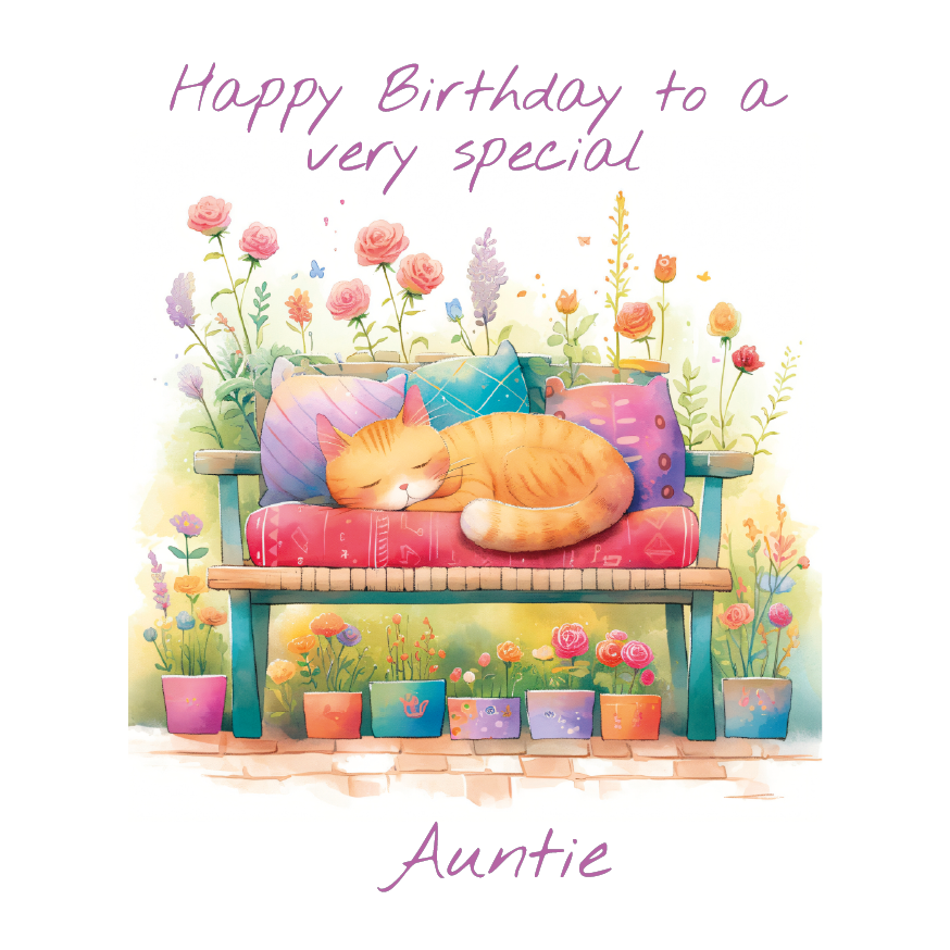 Birthday card with a cat sleeping on a bench surrounded by flowers and plants, with 'Happy Birthday to a very special Auntie' text. Personalised for name and relation
