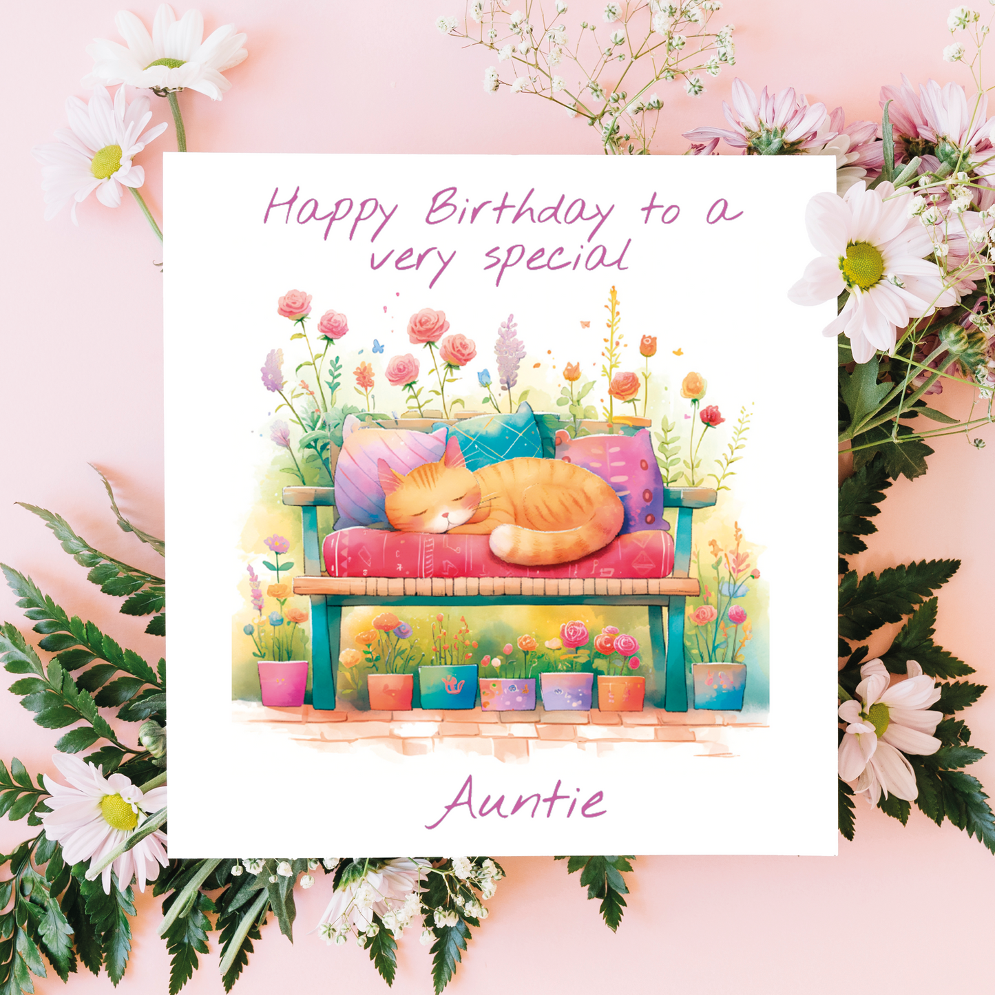 Birthday card with a cat on a bench, flowers, and text 'Happy Birthday to a very special Auntie' on a pink background. Personalised for name and relation