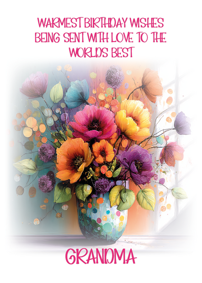 Colorful bouquet of flowers with birthday message for 'Grandma' on a white background. Personalised for name and relation