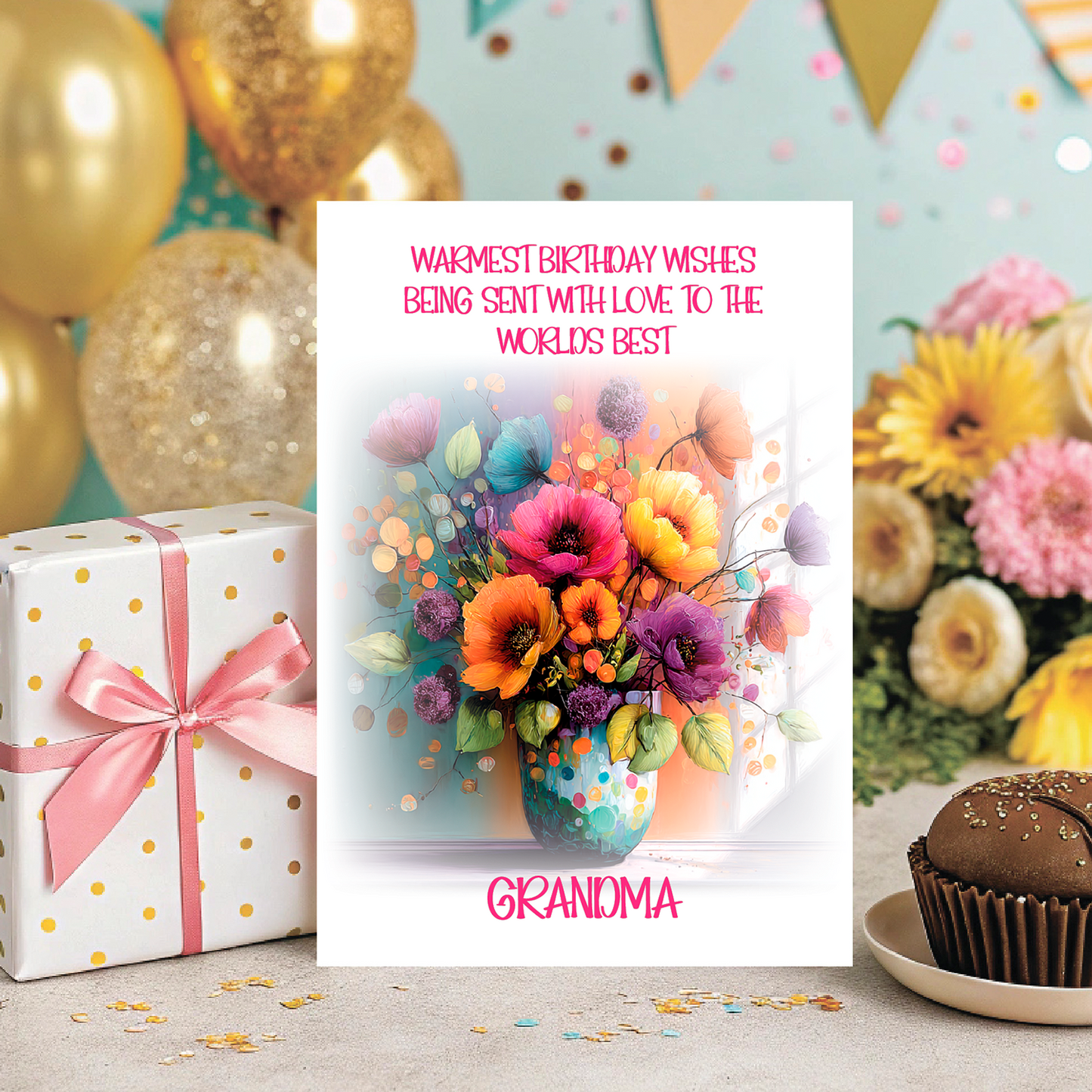 Birthday card for grandma with flowers, gift, and cake on a festive background. Personalised for name and relation