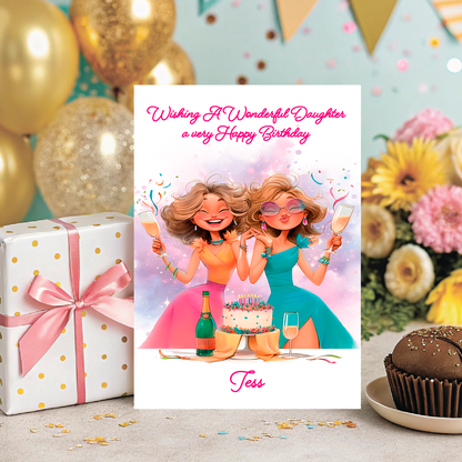 Birthday card with two women celebrating, surrounded by balloons, flowers, and a gift box. Personalised for name and relation 