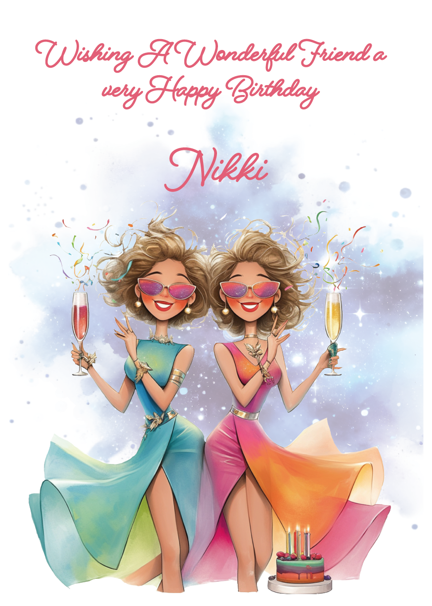 Birthday card with two women in colorful dresses and sunglasses, holding drinks and a cake, with 'Nikki' on a light blue background. Personalised for name and relation 