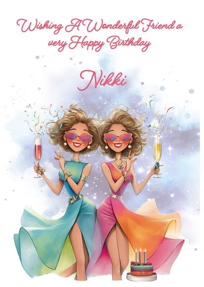 Birthday card with two women in colorful dresses and sunglasses, holding drinks and a cake, with 'Nikki' on a light blue background. Personalised for name and relation 