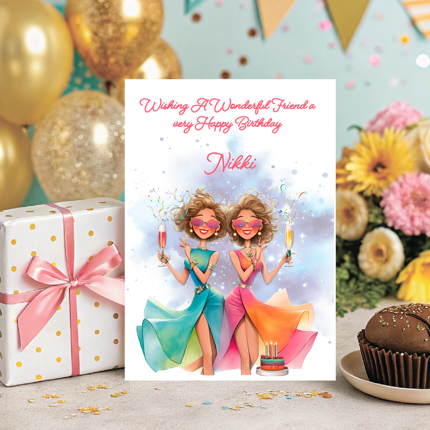 Birthday card with two women celebrating, surrounded by balloons, flowers, and a gift. Personalised for name and relation 