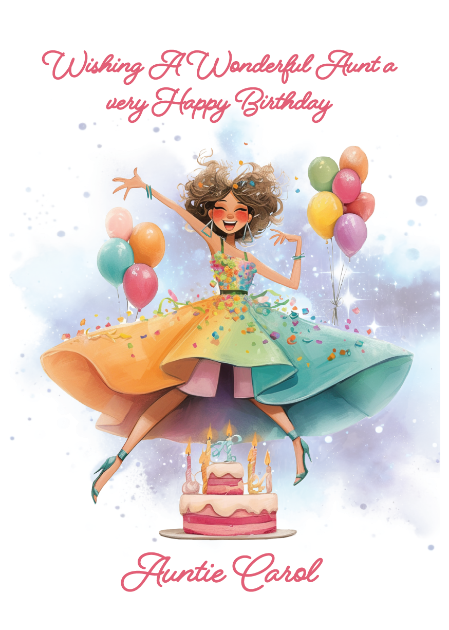 Birthday card with a colorful illustration of a woman and balloons, featuring the text 'Wishing A Wonderful Auntie a very Happy Birthday'. Personalised for name and relation 