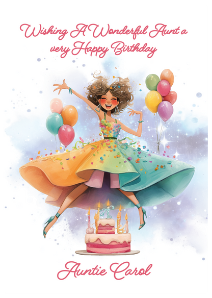 Birthday card with a colorful illustration of a woman and balloons, featuring the text 'Wishing A Wonderful Auntie a very Happy Birthday'. Personalised for name and relation 