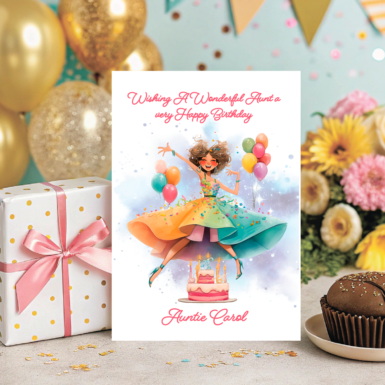 Birthday card with colorful illustration of a girl with balloons, surrounded by gift box, flowers, and cupcake. Personalised for name and relation 