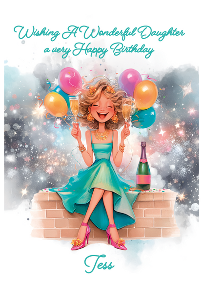 Birthday card with a woman holding balloons and a bottle of champagne, with personalised text. Personalised for name and relation 