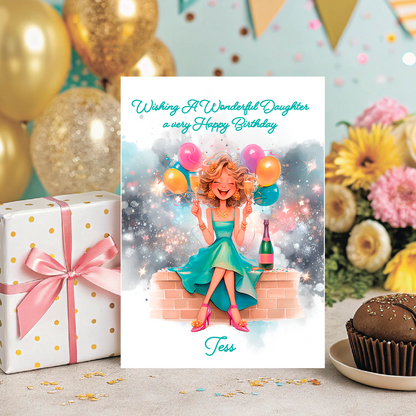 Birthday card with a woman in a green dress surrounded by balloons and flowers, with a gift and cupcake in the background. Personalised for name and relation 