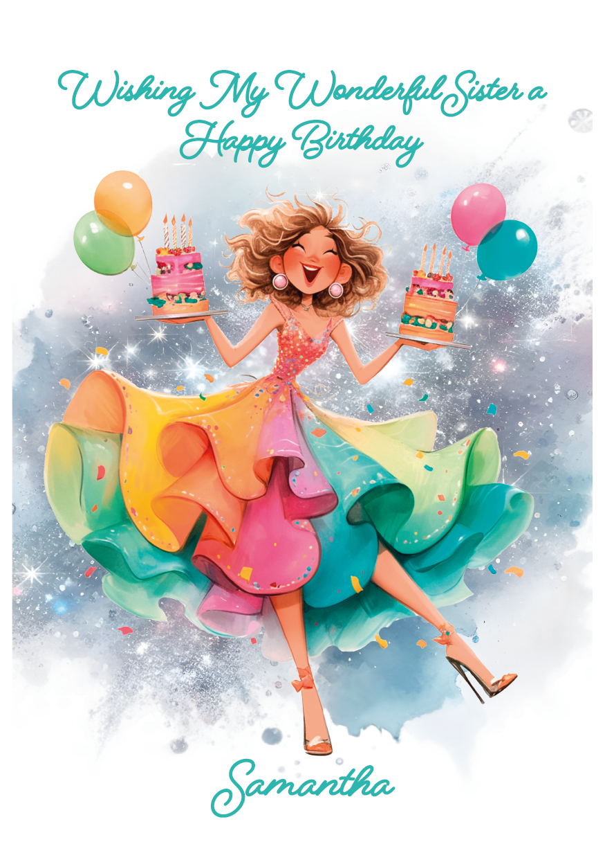 Birthday card with a colorful illustration of a woman holding cakes and balloons, with text 'Wishing My Wonderful Sister a Happy Birthday' and 'Samantha'. Personalised for name and relation 
