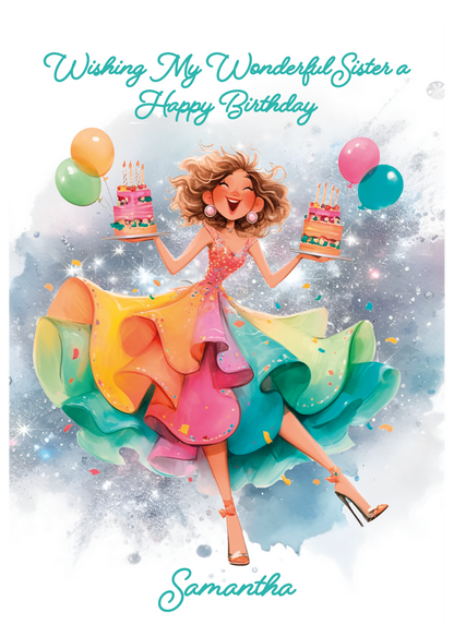 Birthday card with a colorful illustration of a woman holding cakes and balloons, with text 'Wishing My Wonderful Sister a Happy Birthday' and 'Samantha'. Personalised for name and relation 