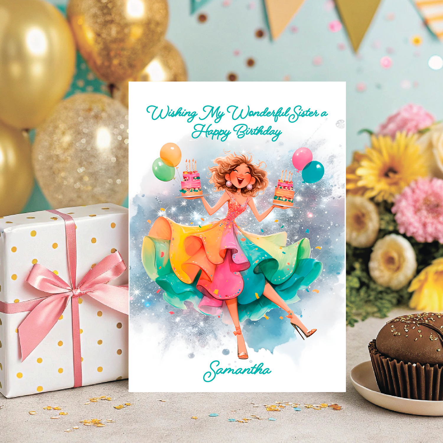 Birthday card with colorful character and celebratory elements like balloons and flowers. Personalised for name and relation 
