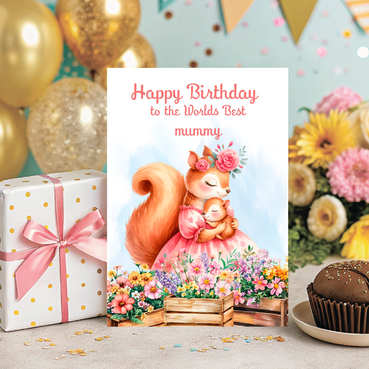Birthday card with a squirrel  and baby squirrel character and birthday decorations