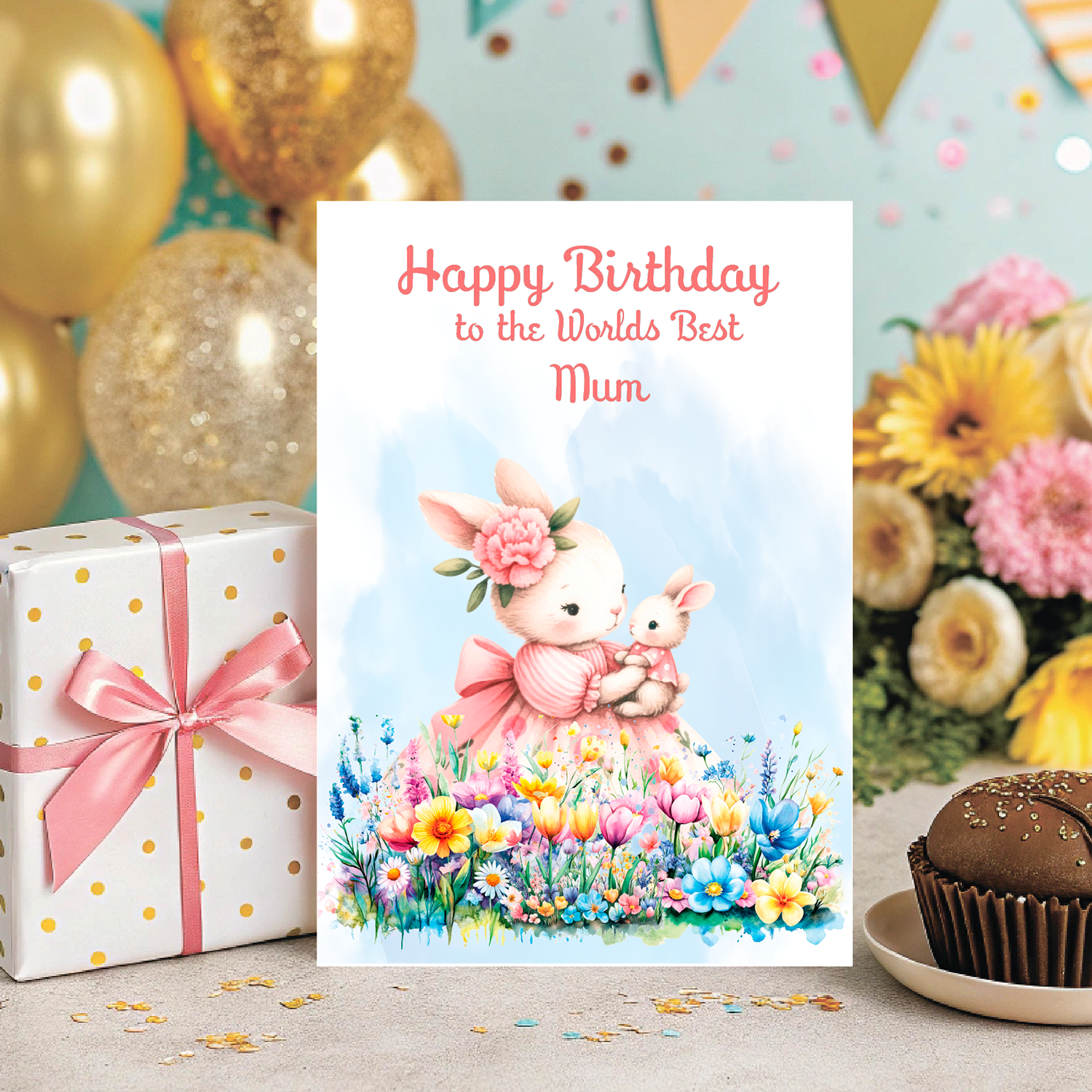 Birthday card for 'World's Best Mum' with a bunny and baby rabbit illustration, surrounded by balloons, flowers, and a gift.