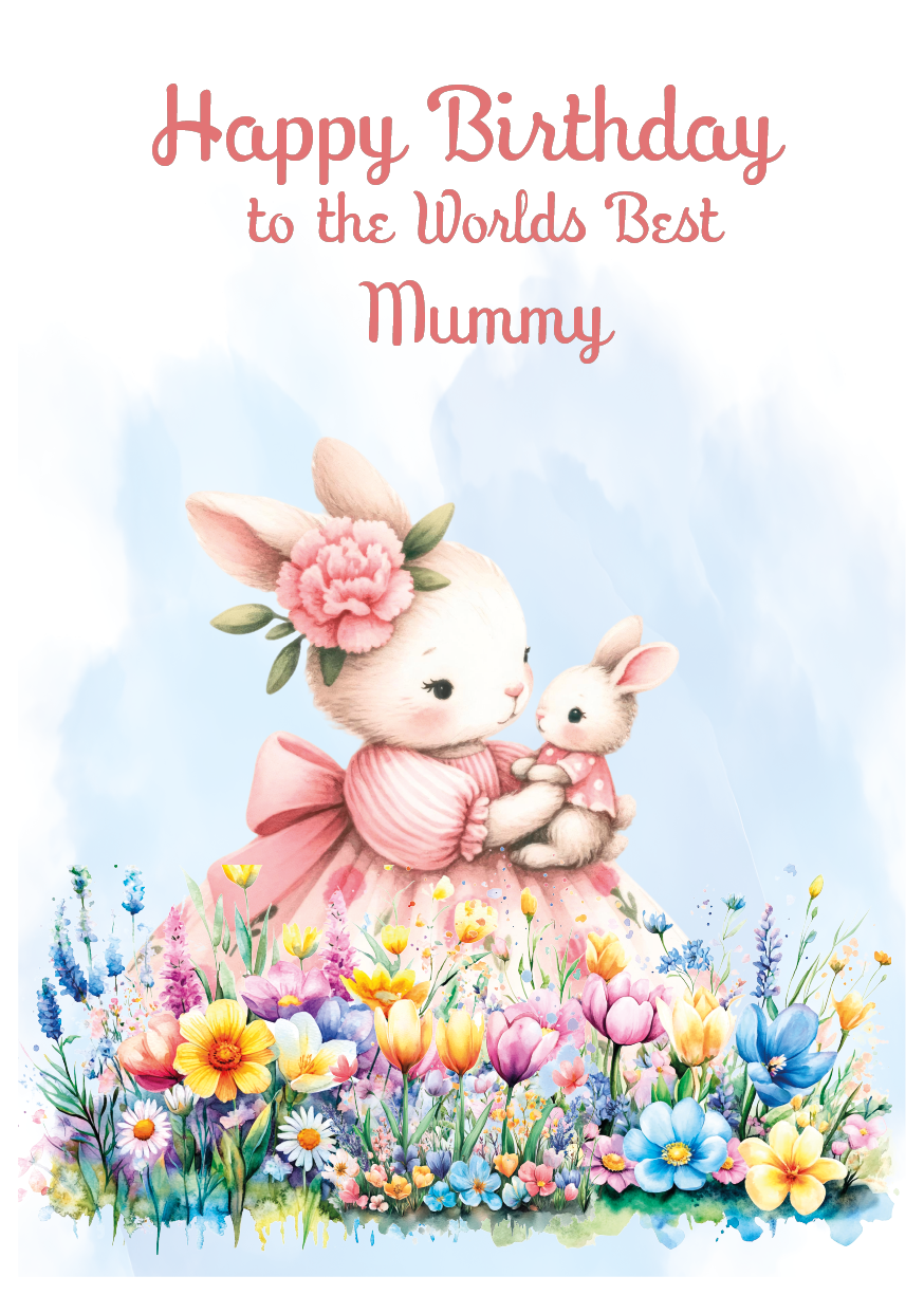 Greeting card with a cartoon bunny in a pink dress holding a baby bunny, surrounded by flowers, with 'Happy Birthday to the Worlds Best Mummy' text.