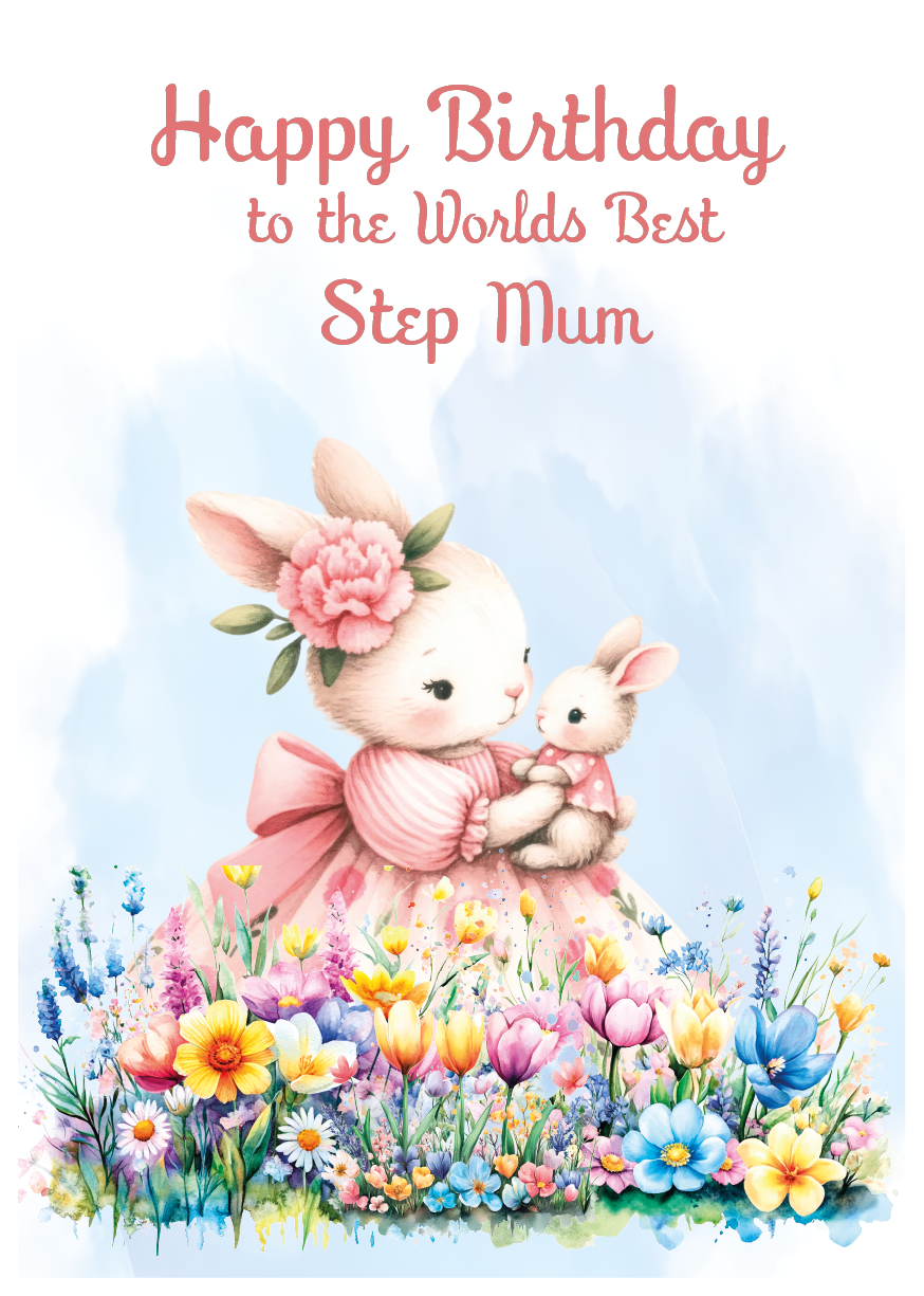 Greeting card with a rabbit holding a baby rabbit and flowers, text 'Happy Birthday to the Worlds Best Step Mum' on a light blue background.
