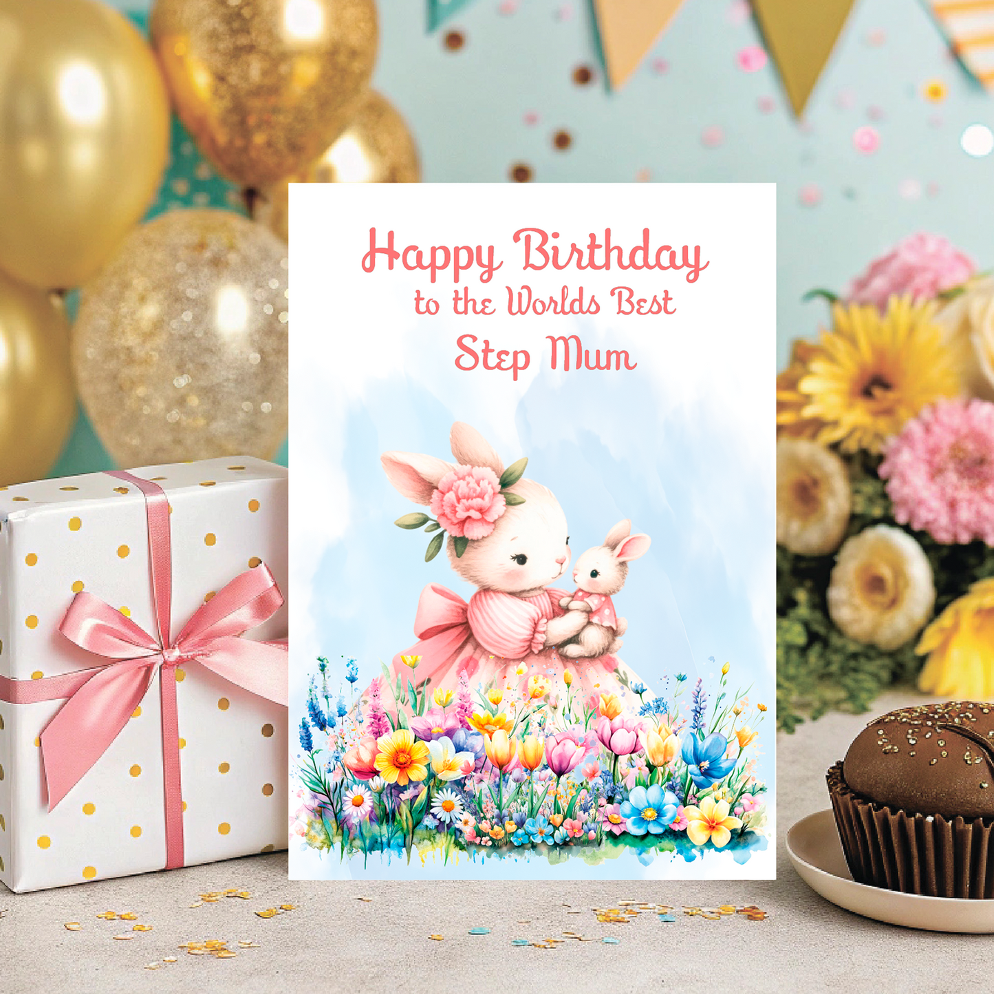 Birthday card for step mum with a rabbit illustration, gift, and flowers on a festive background.