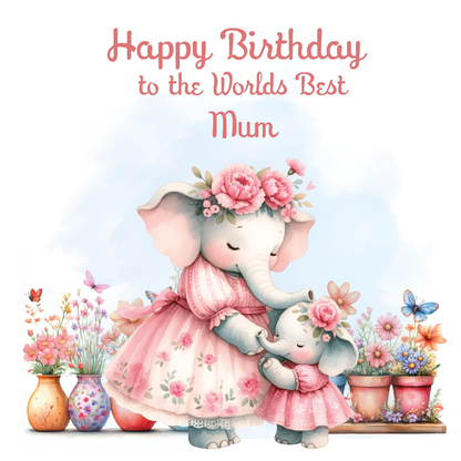 Cartoon elephants in pink dresses with flowers, surrounded by plants and butterflies, on a birthday card for mum.