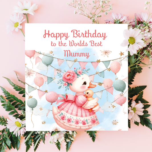 Greeting card with ducks and flowers on a pink background