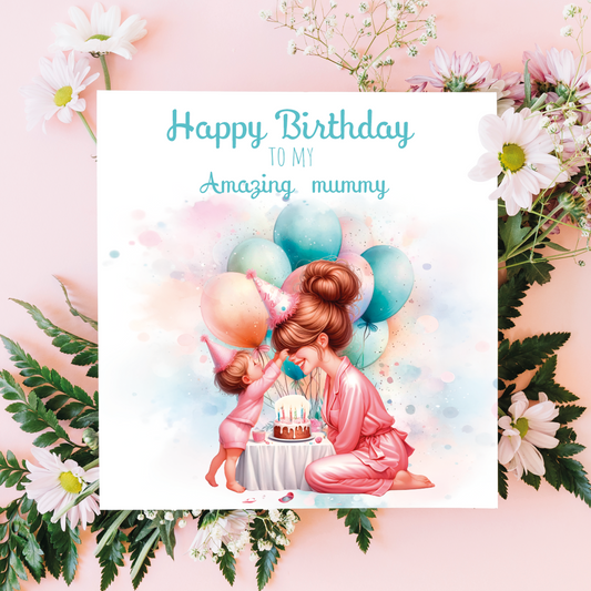 A birthday card with an illustration of a mom and son with a birthday cake and the son is helping his mum put a party hat on and surrounded by  balloons  with birthday wishes for an amazing mummy. can be personalised for mum, mummy step mum or step mummy