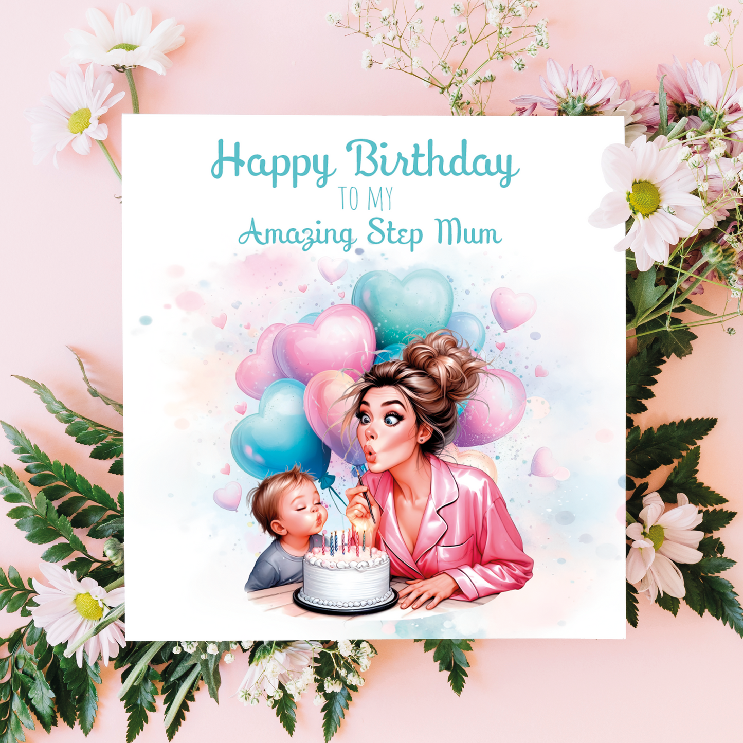 A birthday card with an illustration of a mom and son with a birthday cake and they are blowing out the candles on the cake surrounded by  balloons  with birthday wishes for an amazing step mum. can be personalised for mum, mummy step mum or step mummy