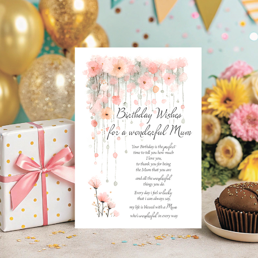 Birthday card for a wonderful mum with a heart felt message and flowers on a festive background