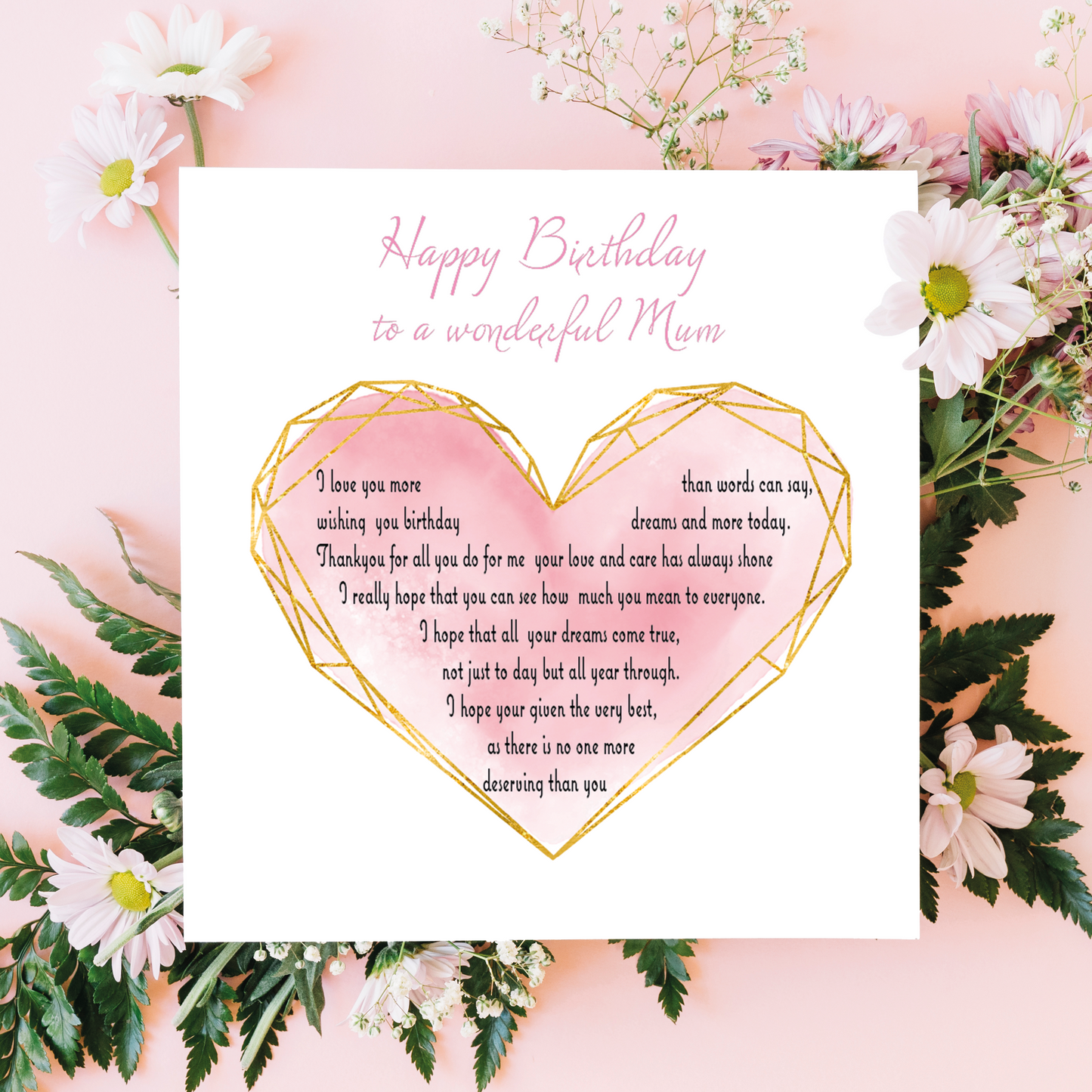 Heart-shaped  with heart felt message birthday card for a wonderful mum with floral decorations on a pink background