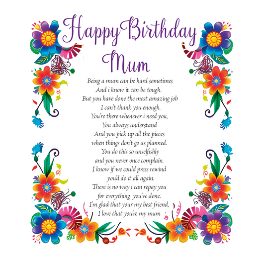 Happy Birthday Mum card with colorful flowers and a heartfelt message on a white background