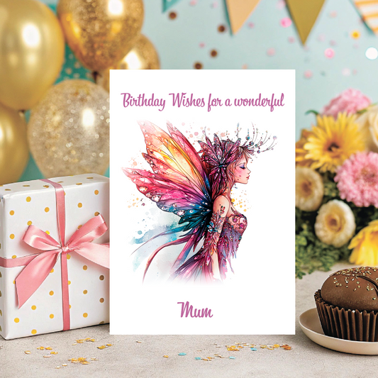 Birthday card with colorful fairy design, gift box, flowers, and cupcake on a celebratory background. Personalised for name and relation