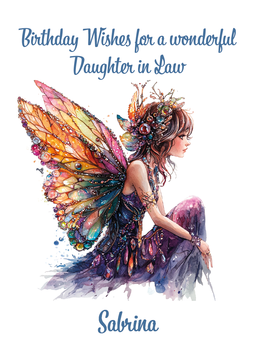 Fairy with colorful wings and dress on a white background with birthday wishes text. Personalised for name and relation