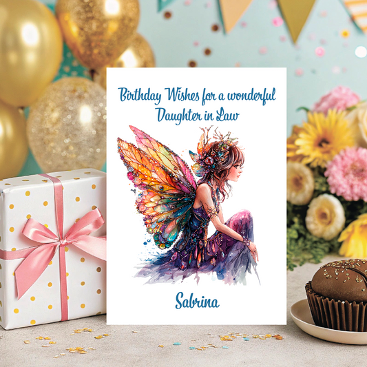 Greeting card with fairy illustration for a daughter-in-law's birthday, surrounded by balloons, flowers, and a gift. Personalised for name and relation