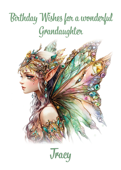 Illustration of a fairy with colorful wings and jewelry, with birthday wishes text. Personalised for name and relation