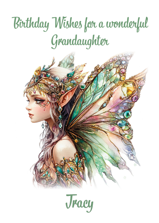 Illustration of a fairy with colorful wings and jewelry, with birthday wishes text. Personalised for name and relation
