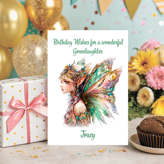 Greeting card with fairy illustration, birthday wishes text, and decorative items like balloons and flowers. Personalised for name and relation