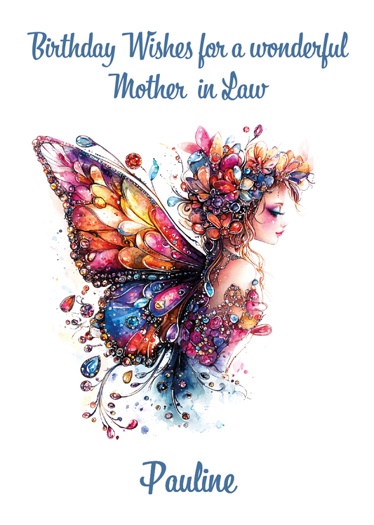 Colorful illustration of a fairy with butterfly wings and flowers, with 'Birthday Wishes for a wonderful Mother in Law Pauline' text. Personalised for name and relation