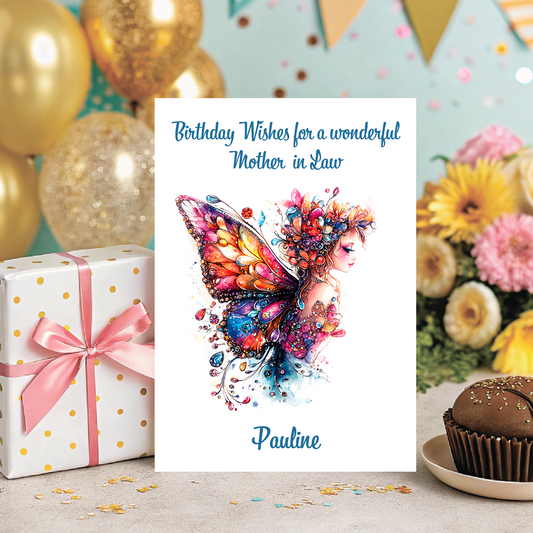 Greeting card with fairy design and birthday wishes for a wonderful mother-in-law, surrounded by balloons and flowers. Personalised for name and relation