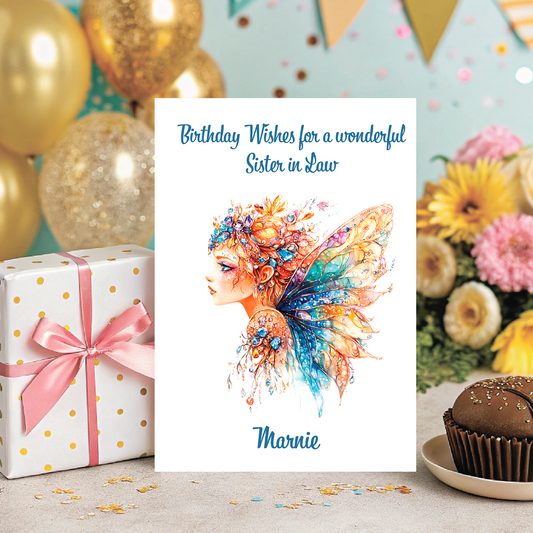 Greeting card with colorful fairy design and birthday wishes for a sister-in-law, surrounded by balloons, flowers, and a gift. Personalised for name and relation