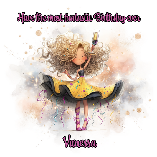 Illustration of a girl in a yellow dress with a birthday message and the name 'Vanessa'. Can be personalised for name and relation