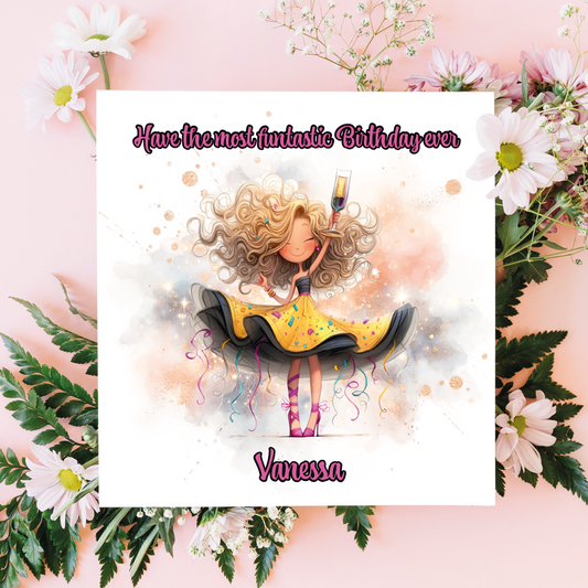 Birthday card with a cartoon girl in a yellow dress  with a glass of champagne surrounded by flowers and leaves on a pink background. Can be personalised for name and relation