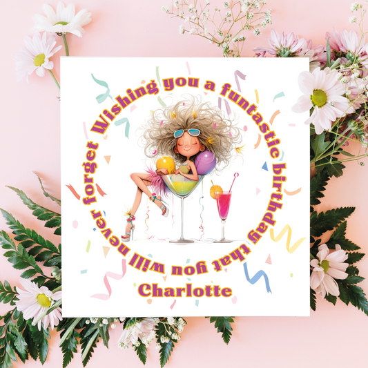 Birthday card with cartoon character  sat in a cocktail glass and colorful text on a floral background. Can be personalised for name and relation