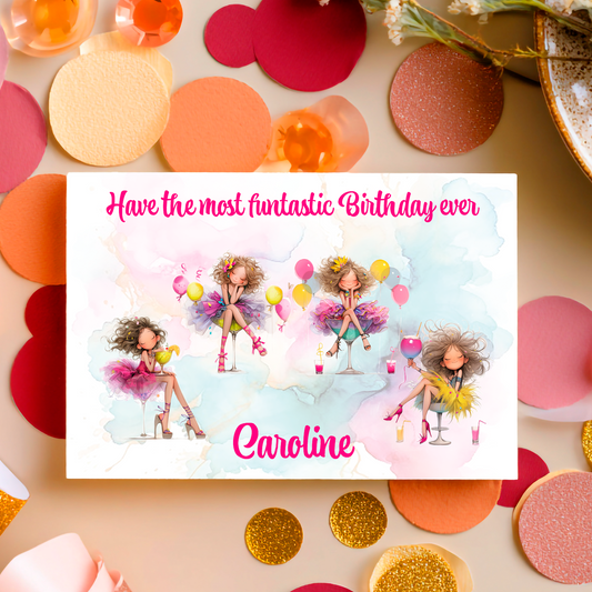 Birthday card with cartoon fairies sat in cocktail glasses with celebration drinks and balloons and colorful decorations on a beige background. Can be personalised for name and relation