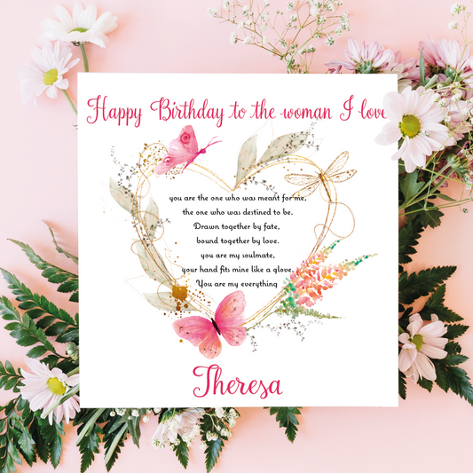 Greeting card with floral design and birthday message on a pink floral background
