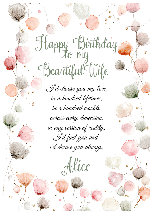 Greeting card with floral design and birthday message for a wife, featuring the name Alice.
