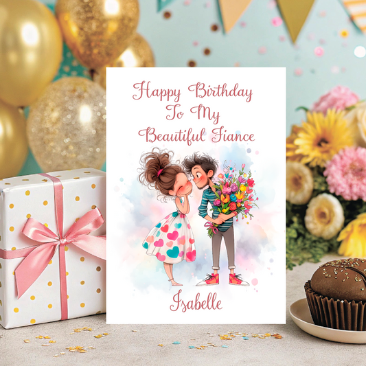 Birthday Card with an illustration of a  man holding  a bunch of flowers giving them to a woman wearing a pretty dress   with  personalised text  for name and relationship